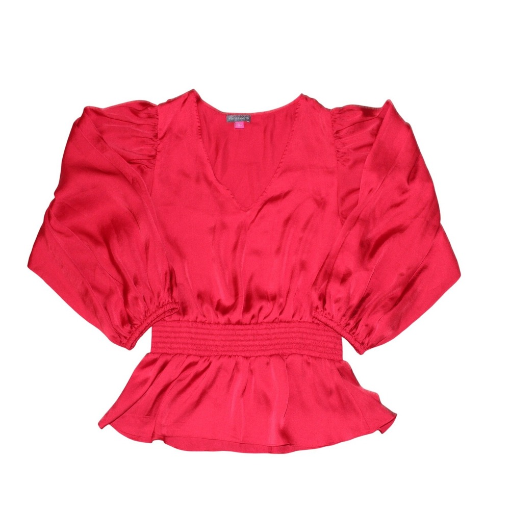 Vince Camuto Red Peplum Blouse Womens Medium V Neck Smocked Waist Balloon Sleeve